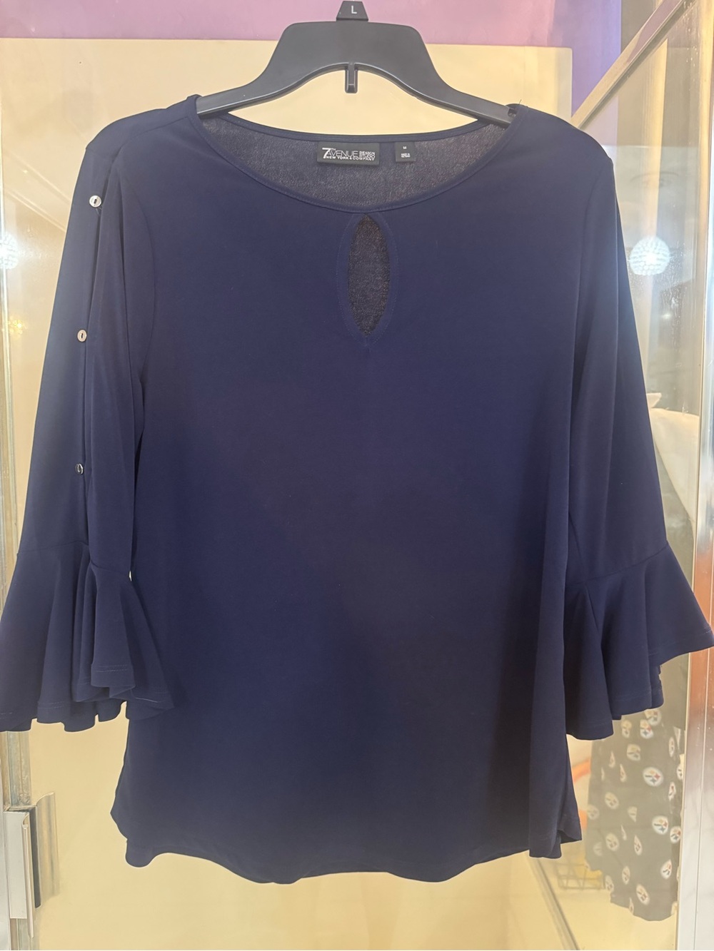 New York & Company Navy Keyhole Ruffle-Sleeve Tunic